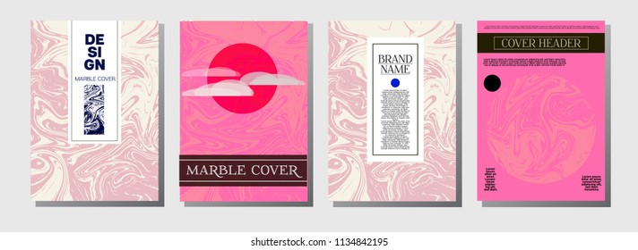 Minimal Cover Templates Set. Realistic Marble Pattern. Cool Bright Trendy Pink, Blue, Turquoise Stone Texture. Geometric VIP Luxury Minimal Cover Templates. Ebru Suminagashi Liquid Marble Texture