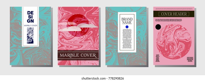 Minimal Cover Templates Set. Realistic Marble Pattern. Vivid Crazy Pink, Blue, Turquoise Paper Background. Geometric Corporate Minimal Cover Templates. Ebru Suminagashi Liquid Marble Texture
