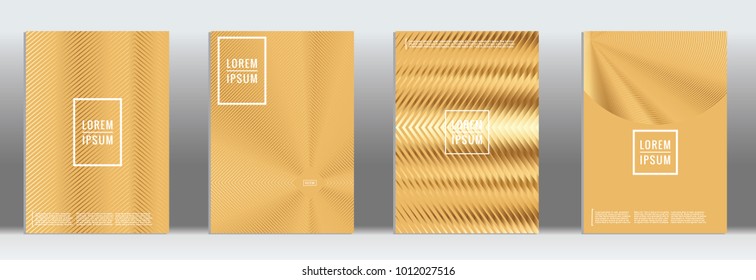 Minimal Cover. Vector Gold Geometric Abstract Line Pattern for Poster Design. Set of Minimal Covers for Business Brochures. 2d Prints for Banner Background. Graphic Pattern for Annual Album Backdrop.