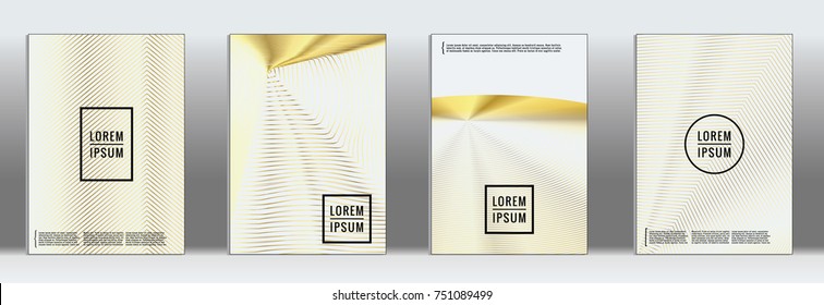 Minimal Cover. Vector Gold Geometric Abstract Line Pattern for Poster Design. Set of Minimal Covers for Business Brochures. Luxury Gold Banner Background. Graphic Pattern for Annual Album Backdrop.
