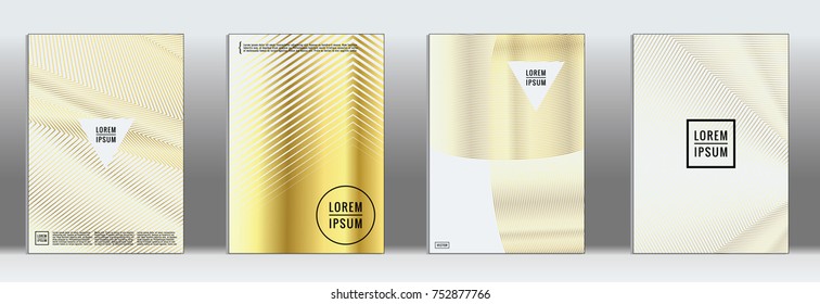 Minimal Cover. Vector Gold Geometric Abstract Line Pattern for Poster Design. Set of Minimal Covers for Business Brochures. Luxury Gold Banner Background. Graphic Pattern for Annual Album Backdrop.