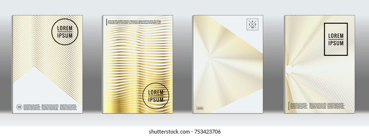 Minimal Cover. Vector Gold Geometric Abstract Line Pattern for Poster Design. Set of Minimal Covers for Business Brochures. Luxury Gold Banner Background. Graphic Pattern for Annual Album Backdrop.