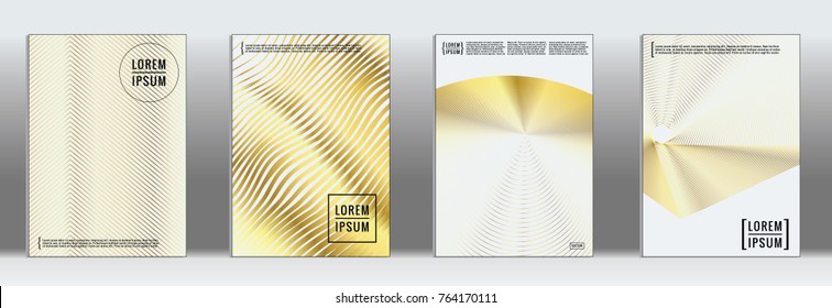 Minimal Cover. Vector Gold Geometric Abstract Line Pattern for Poster Design. Set of Minimal Covers for Business Brochures. Luxury Gold Banner Background. Graphic Pattern for Annual Album Backdrop.