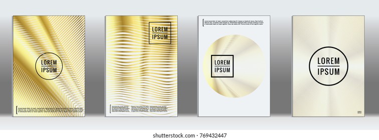 Minimal Cover. Vector Gold Geometric Abstract Line Pattern for Poster Design. Set of Minimal Covers for Business Brochures. Luxury Gold Banner Background. Graphic Pattern for Annual Album Backdrop.