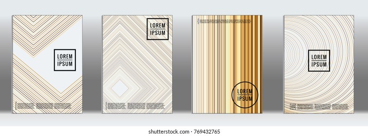 Minimal Cover. Vector Gold Geometric Abstract Line Pattern for Poster Design. Set of Minimal Covers for Business Brochures. Luxury Gold Banner Background. Graphic Pattern for Annual Album Backdrop.