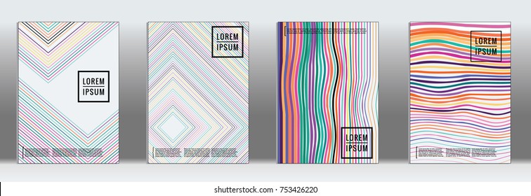 Minimal Cover. Vector Iridescent Rainbow Geometric Abstract Line Pattern for Poster Design. Set of Minimal Covers for Business Brochures. Banner Background. Graphic Pattern for Annual Album Backdrop.