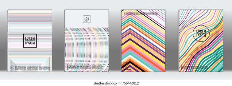 Minimal Cover. Vector Iridescent Rainbow Geometric Abstract Line Pattern for Poster Design. Set of Minimal Covers for Business Brochures. Banner Background. Graphic Pattern for Annual Album Backdrop.