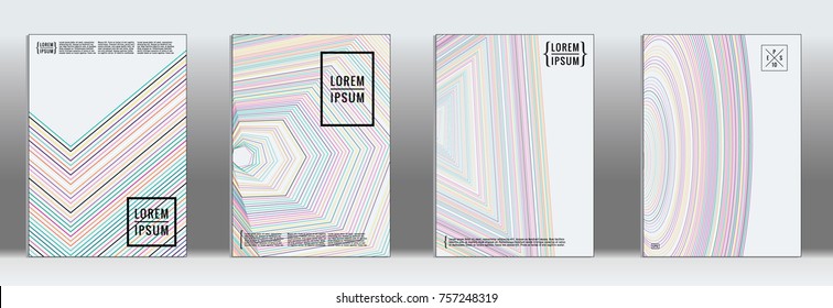 Minimal Cover. Vector Iridescent Rainbow Geometric Abstract Line Pattern for Poster Design. Set of Minimal Covers for Business Brochures. Banner Background. Graphic Pattern for Annual Album Backdrop.