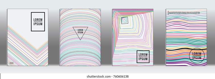 Minimal Cover. Vector Iridescent Rainbow Geometric Abstract Line Pattern for Poster Design. Set of Minimal Covers for Business Brochures. Banner Background. Graphic Pattern for Annual Album Backdrop.