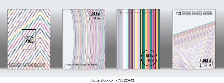 Minimal Cover. Vector Iridescent Rainbow Geometric Abstract Line Pattern for Poster Design. Set of Minimal Covers for Business Brochures. Banner Background. Graphic Pattern for Annual Album Backdrop.