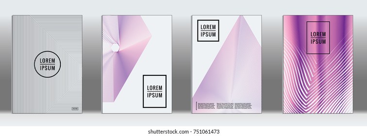 Minimal cover. Vector purple geometric abstract line pattern for poster design. Set of minimal covers for business brochure. 2d prints for banner background. Graphic pattern for annual album backdrop.
