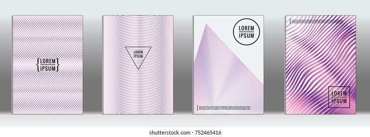 Minimal cover. Vector purple geometric abstract line pattern for poster design. Set of minimal covers for business brochure. 2d prints for banner background. Graphic pattern for annual album backdrop.