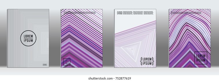 Minimal cover. Vector purple geometric abstract line pattern for poster design. Set of minimal covers for business brochure. 2d prints for banner background. Graphic pattern for annual album backdrop.