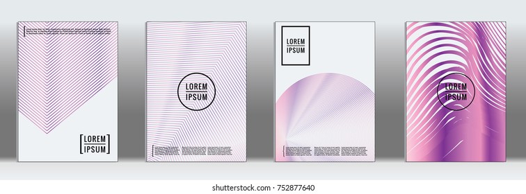 Minimal cover. Vector purple geometric abstract line pattern for poster design. Set of minimal covers for business brochure. 2d prints for banner background. Graphic pattern for annual album backdrop.