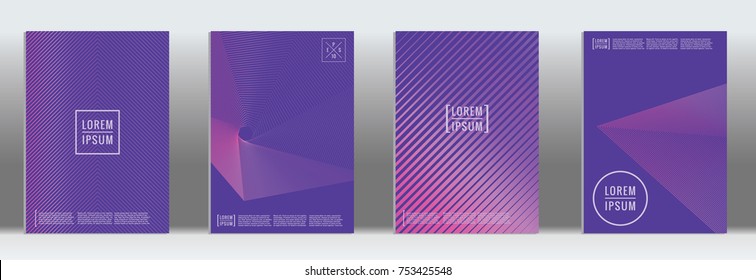 Minimal cover. Vector purple geometric abstract line pattern for poster design. Set of minimal covers for business brochure. 2d prints for banner background. Graphic pattern for annual album backdrop.