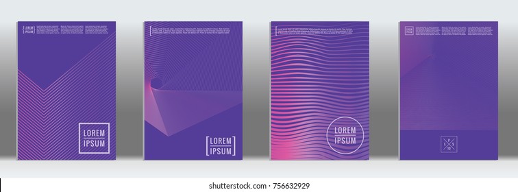 Minimal cover. Vector purple geometric abstract line pattern for poster design. Set of minimal covers for business brochure. 2d prints for banner background. Graphic pattern for annual album backdrop.