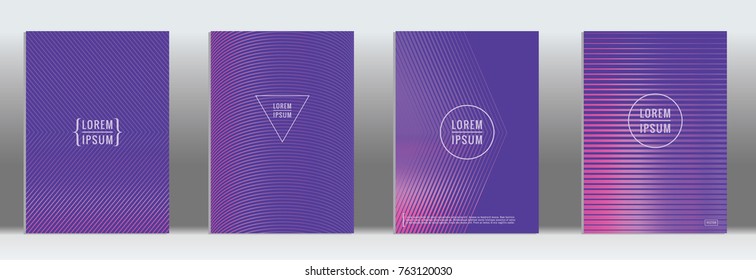Mínima cobertura. Patrón de línea abstracta geométrica púrpura de Vector para diseño de póster. Conjunto de cubiertas mínimas para folleto de negocios. Impresiones 2D para el fondo de Anuncio. Patrón gráfico para el fondo anual del álbum.