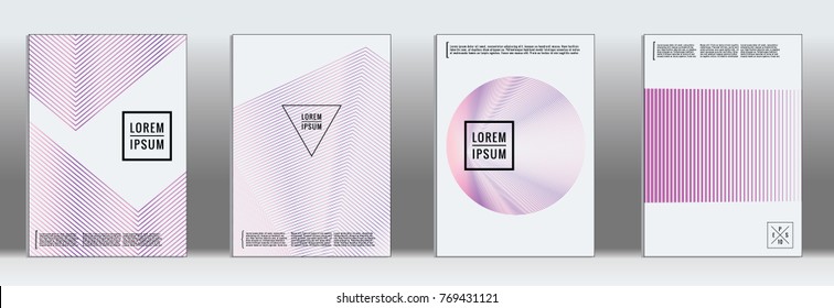 Minimal cover. Vector purple geometric abstract line pattern for poster design. Set of minimal covers for business brochure. 2d prints for banner background. Graphic pattern for annual album backdrop.