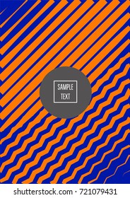 Minimal cover vector template. Bright contrast blue and orange 80s retro design. Neon background for business. Trendy hipster futuristic minimal covers. Lines or stripes edgy halftone blend template.