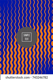 Minimal cover vector template. Bright contrast blue and orange 80s retro design. Neon background for business. Trendy hipster futuristic minimal covers. Lines or stripes edgy halftone blend template.