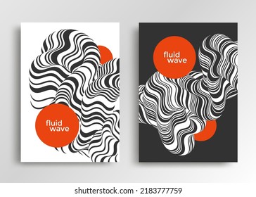 Minimale Abdeckung mit schwarz-weißer Flüssigkeitswelle. Stripte Linienkompositionen für Poster, Broschüre. Vektorgrafik.