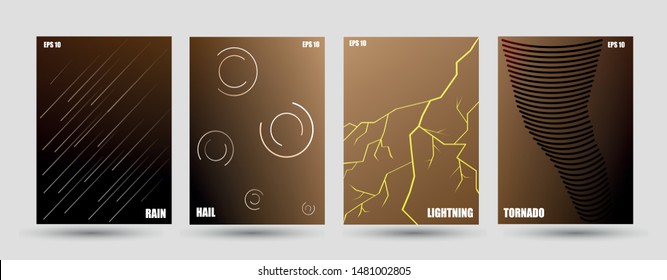 Minimal covers design. Brown halftone gradients. Future geometric patterns. Set of brochures. Thunderstorm weather. Rain, hail, lightening, tornado abstract illustration. Eps10 vector.