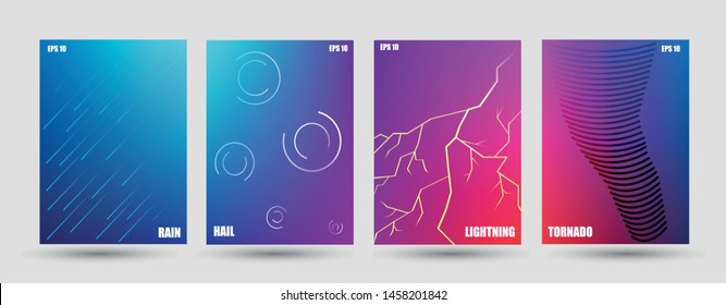 Minimal covers design. Colorful halftone gradients. Future geometric patterns. Set of brochures. Thunderstorm weather. Rain, hail, lightening, tornado abstract illustration. Eps10 vector.