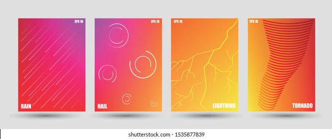 Minimal covers design. Colorful halftone gradients. Future geometric patterns. Set of brochures. Thunderstorm weather. Rain, hail, lightening, tornado abstract illustration. Eps10 vector.