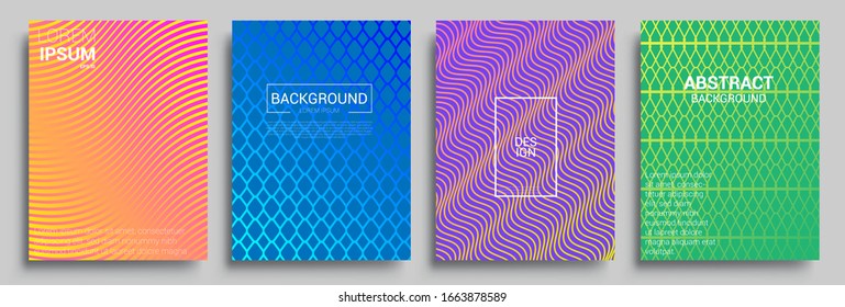 Diseño de cubiertas mínimas. Gradientes geométricos de medio tono. Ilustración vectorial de fondo de patrón abstracto de color brillante con textura de gradiente de línea para un diseño de tapa dinámica mínimo.