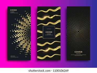 Minimal covers design with halftone golden shapes. Poster template with geometric line and abstract graphic.