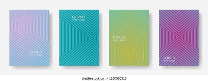 Minimal covers design with hexagon lines. Geometric halftone gradient backgrounds.  Cards Future geometric patterns with hexagons. Halftone lines texture backgrounds.