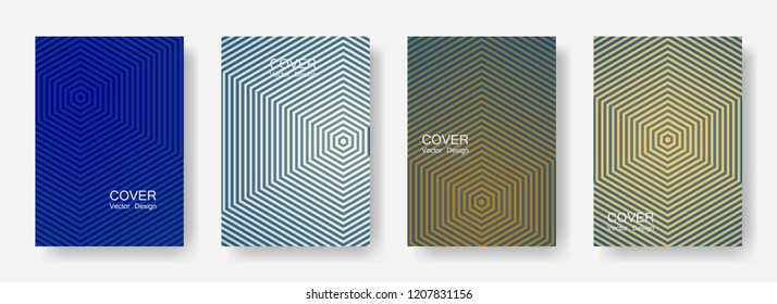 Minimal covers design with hexagon lines. Geometric halftone gradients. Dynamic Future geometric patterns with hexagons. Halftone lines texture backgrounds.