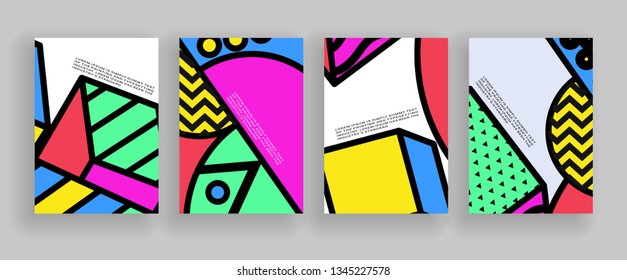 Minimal covers design. Placard templates set with abstract geometric shapes, 80s memphis bright style flat design elements. Retro art for a4 covers, banners, flyers and posters.