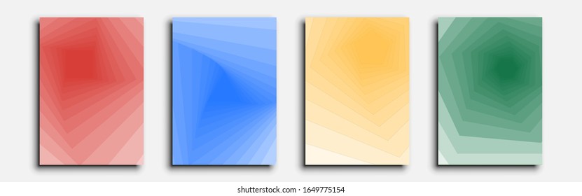 Diseño de cubiertas mínimas. Conjunto de cuatro volantes. Diseño geométrico futuro. La abstracción geométrica se puede utilizar para invitaciones, carteles y volantes. Ilustración vectorial, pasos 10.