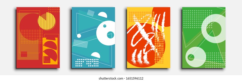 Diseño de cubiertas mínimas. Conjunto de cuatro volantes. Diseño geométrico futuro. La abstracción geométrica se puede utilizar para invitaciones, carteles y volantes. Ilustración vectorial, pasos 10.