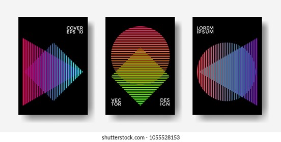 Minimal covers design set. Simple shapes with trendy gradients. Eps10 vector covers set with simple geometric shapes - triangle, circle, rhombus of green blue pink halftone lines on black background. 