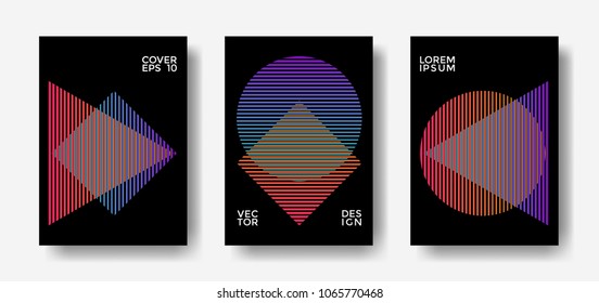 Minimal covers design set. Simple shapes with trendy gradients. Eps10 vector covers set with simple geometric shapes - triangle, circle, rhombus of violet red blue halftone lines on black background.