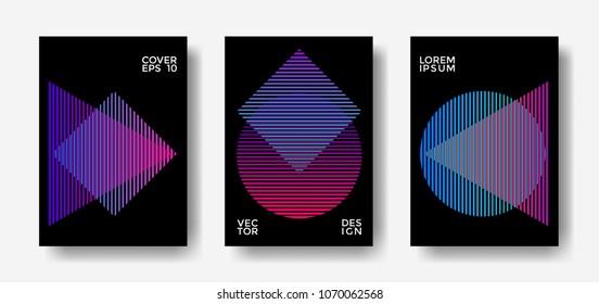 Minimal covers design set. Simple shapes with trendy gradients. Eps10 vector covers set with simple geometric shapes - triangle, circle, rhombus of cyan and pink lines on black background. 