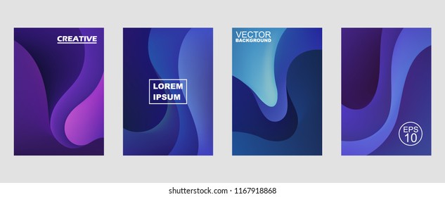 Minimal covers design template set. Abstract halftone gradients. Blue curves. Vector illustration.