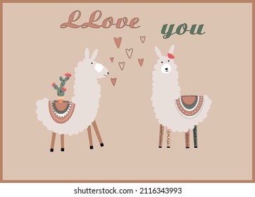 Minimal covers design.Stylized art background vector illustration.Valentines day and llama.EPS10