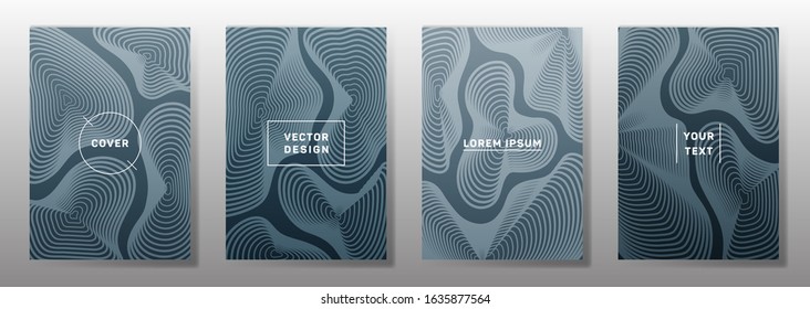 Minimal covers linear design. Fluid curve shapes geometric lines patterns. Linear backgrounds for notepads, notice paper covers. Line stripes graphics, title elements. Cover page templates.