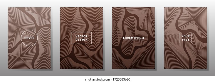 Tapas minimales de diseño lineal. La curva fluida da forma a los patrones de líneas geométricas. Fondos digitales para catálogos, folletos corporativos. Textura de líneas, elementos de título de encabezado. Conjunto de diseños de portada.