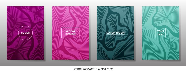 Diseño lineal de cubiertas mínimas. La curva de fluidos da forma a los patrones de líneas geométricas. Fondos de degradado para catálogos, folletos corporativos. Gráficos de franjas de línea, elementos de título. Plantillas de portada.