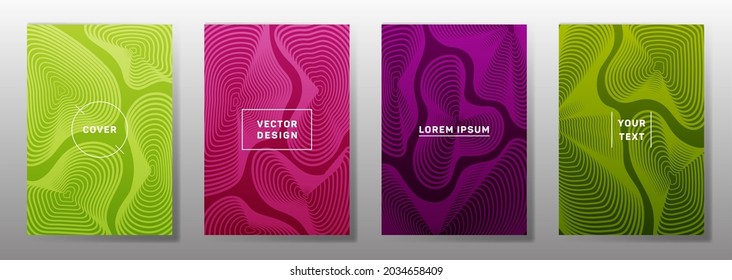 Diseño lineal de cubiertas mínimas. La curva de fluidos da forma a los patrones de líneas geométricas. Fondos de media tonalidad para notas, portadas de papel de aviso. Gráficos de franjas de línea, elementos de título. Diseños de portada definidos.