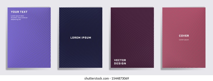 Minimal covers linear design. Radial semicircle geometric lines patterns. Halftone poster, flyer, banner vector backgrounds. Lines texture, header title elements. Annual report covers.