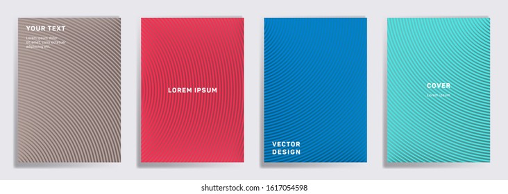 Minimal covers linear design. Radial semicircle geometric lines patterns. Geometric backgrounds for cataloges, corporate brochures. Line shapes patterns, header elements. Cover page templates.