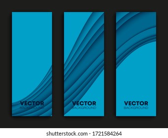 Minimal covers paper cut colorful design. Cool halftone gradients. Future blue wave template three set banner. Vector illustration