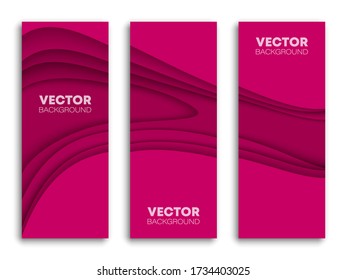 Minimal covers paper cut colorful design. Cool halftone Violet gradients. Future purple wave template three set banner. Vector illustration