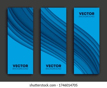 Minimal covers paper cut colorful design. Cool halftone gradients. Future blue wave template three set banner. Vector illustration