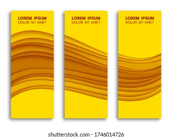 Minimal covers paper cut colorful design. Cool halftone gradients. Future yellow wave template three set banner. Vector illustration